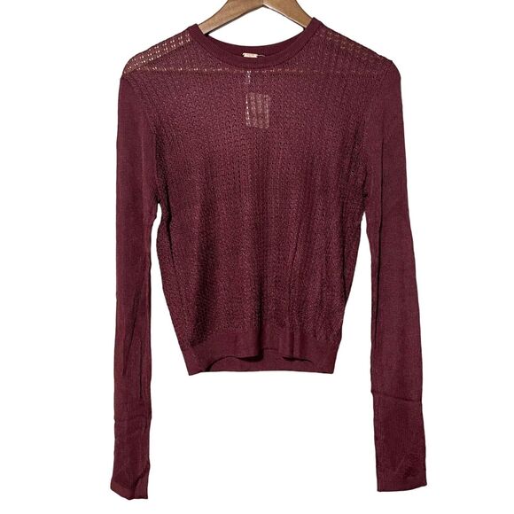 Free People Shirt Womens Large NWT Open Knit H2O Crew Cropped Raw Garnet - Picture 3 of 13